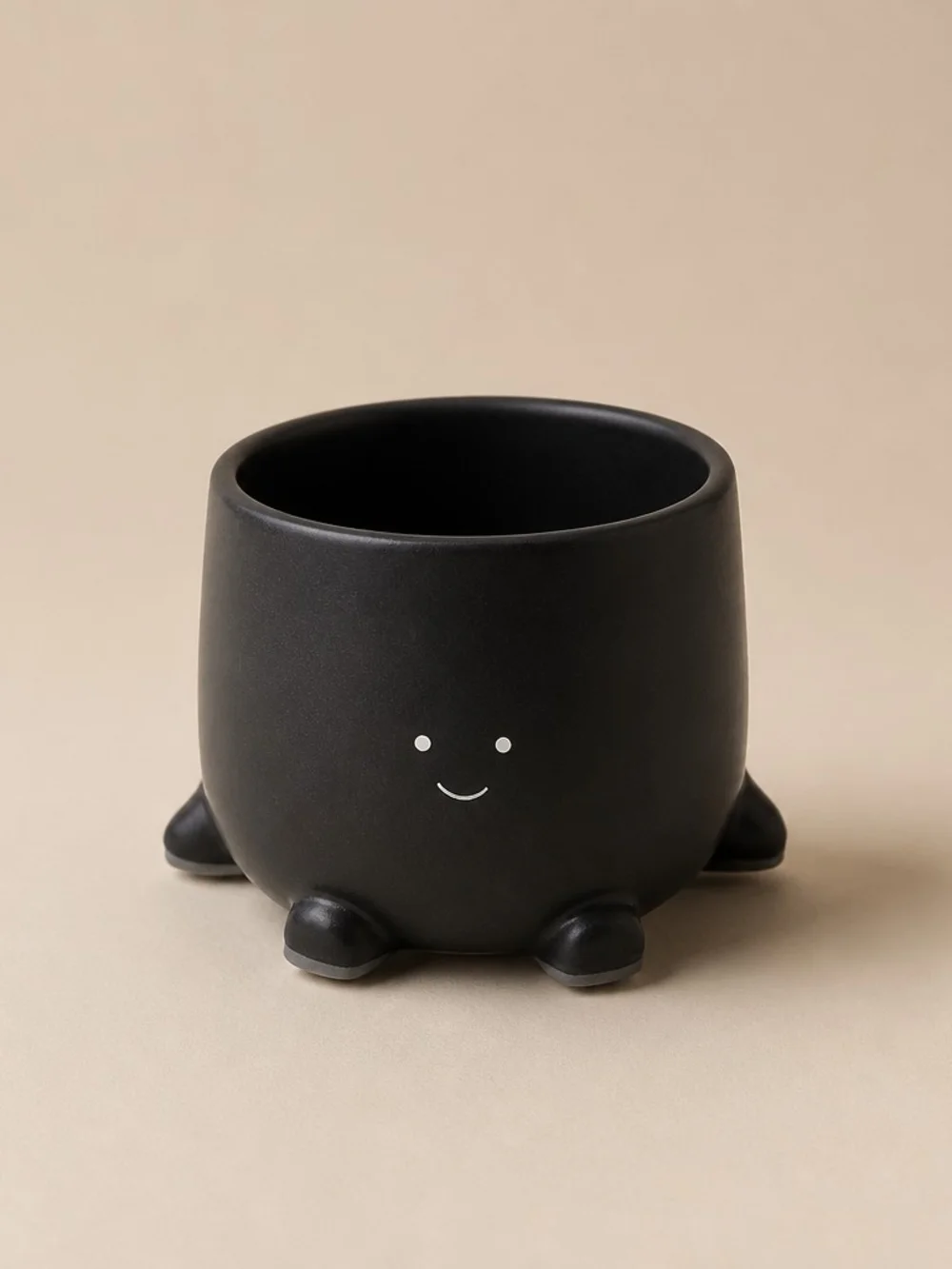Black Smiling Ceramic Planter - Cute Footed Pot